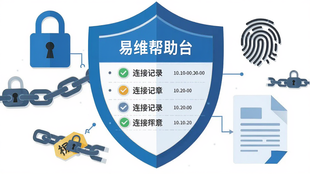 画面中央是一个盾牌形状的安全图标,盾牌内部显示“易维帮助台”连接记录列表,周围环绕着锁、指纹和日志文档元素,主体为安全审计概念图,布局为居中环绕式,排版紧凑,风格为扁平化安全主题插画,细节包括加密锁链、权限标签和时间戳,画质清晰,干净,无多余元素。