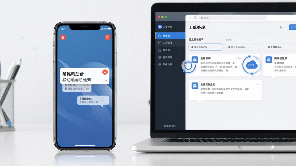 画面展示一部智能手机和一台笔记本电脑并排摆放,手机屏幕显示“易维帮助台”移动端消息通知,电脑屏幕显示工单处理界面,主体为多端协同场景,布局为左手机右电脑,排版均衡,风格为写实产品展示风,细节包括通知角标、消息气泡和同步图标,画质清晰,干净,无多余元素。