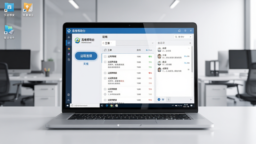 画面中央是一台打开的笔记本电脑,屏幕上显示“易维帮助台”软件主界面,界面中有远程连接按钮、工单列表和会话窗口,背景是简洁的现代办公室环境,主体突出软件界面,布局为居中构图,排版整齐,风格为写实科技风,细节包括屏幕反光、桌面图标和状态栏信息,画质清晰,干净,无多余元素。