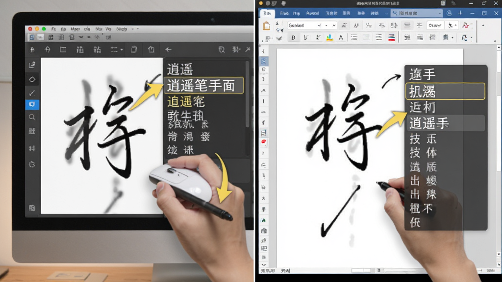 逍遥笔手写输入法使用技巧示意图,画面展示电脑屏幕上手写面板与文档窗口并排,用户用鼠标书写汉字,候选字列表清晰,布局为左右分栏,排版简洁,风格为写实教程风,细节包含手写笔迹、候选字高亮、操作箭头标注,画质高清,干净,无多余元素