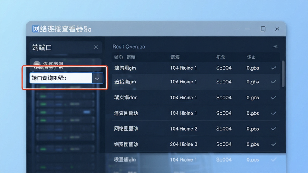网络连接查看器端口查询功能展示,界面中突出显示端口筛选框与结果列表,背景为淡蓝色渐变,风格商务简约,画质清晰,无多余元素