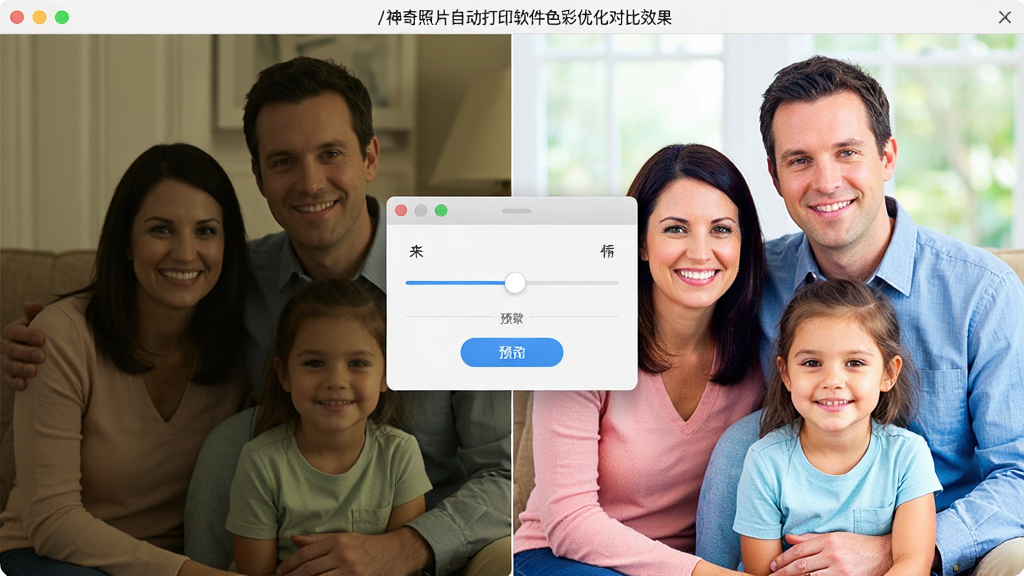 一张展示神奇照片自动打印软件色彩优化对比效果的图片,画面分为左右两部分,左侧为原始照片略显暗淡偏黄,右侧为经过软件优化后的照片色彩明亮通透,人物肤色自然,画面中间有软件调节滑块与预览按钮的界面元素,风格为写实的软件功能展示图,细节上照片内容为家庭合影,画质高清,干净,无多余元素