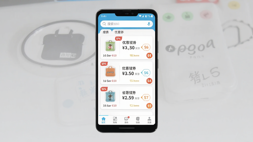 省钱妈咪 安卓版应用主界面预览图,主体是一部竖屏安卓手机,屏幕中展示清爽的购物省钱APP首页,布局包含顶部搜索栏、中部优惠券卡片、底部导航栏,排版居中整齐,风格简洁明快,细节有商品图标、折扣标签、省钱金额数字,画质清晰,干净,无多余元素