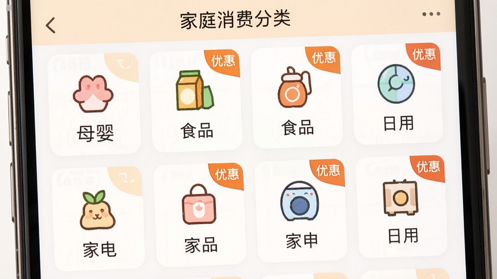 省钱妈咪 家庭消费分类页面,主体为手机界面,屏幕中展示母婴、食品、日用、家电等分类图标整齐排列,布局为网格状,排版规整,风格温馨清新,细节有分类图标、文字标签、优惠角标,画质清晰,干净,无多余元素