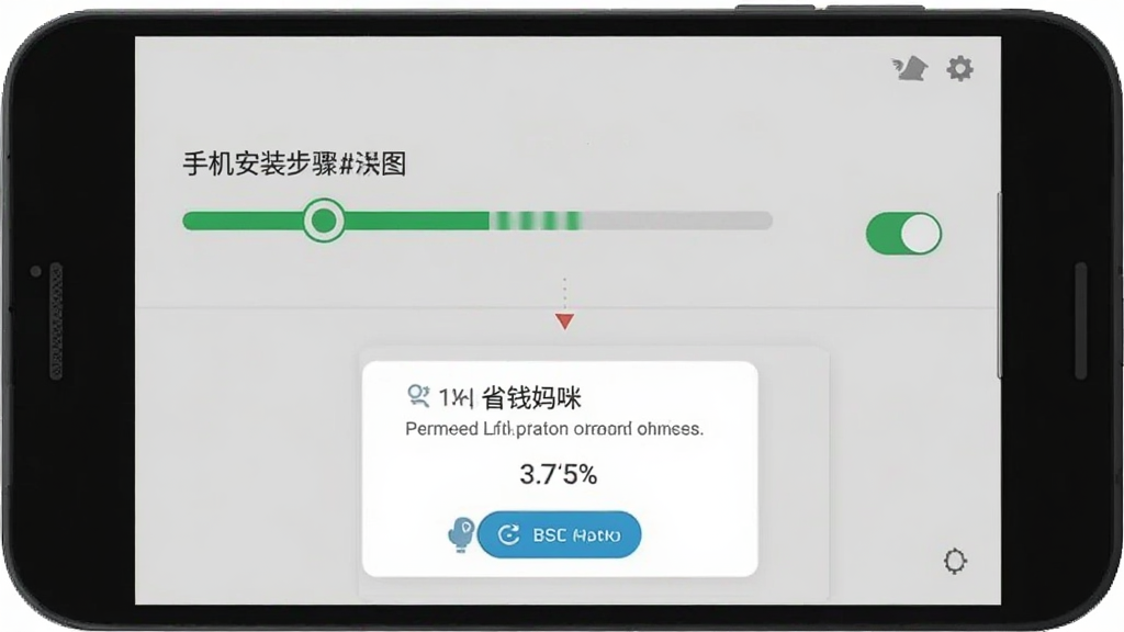 省钱妈咪 手机安装步骤示意图,主体为安卓手机屏幕,屏幕中展示安装进度条与权限提示弹窗,布局为上下结构,排版简洁,风格扁平化,细节有安装按钮、权限开关、进度百分比,画质清晰,干净,无多余元素