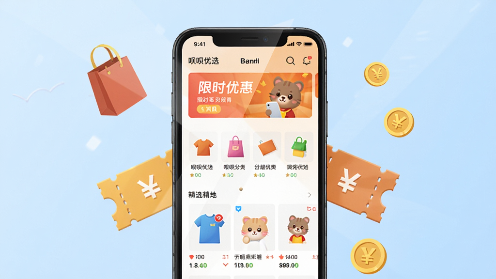 呗呗优选应用主界面展示,画面中央是一部智能手机,手机屏幕上显示呗呗优选APP的首页,包含商品分类图标、限时优惠横幅和精选商品列表,手机周围环绕购物袋、优惠券、金币等小元素,布局采用居中构图,排版清晰有序,风格为现代扁平化设计,细节上手机屏幕有轻微反光,背景为浅蓝色渐变,画质高清,干净,无多余元素