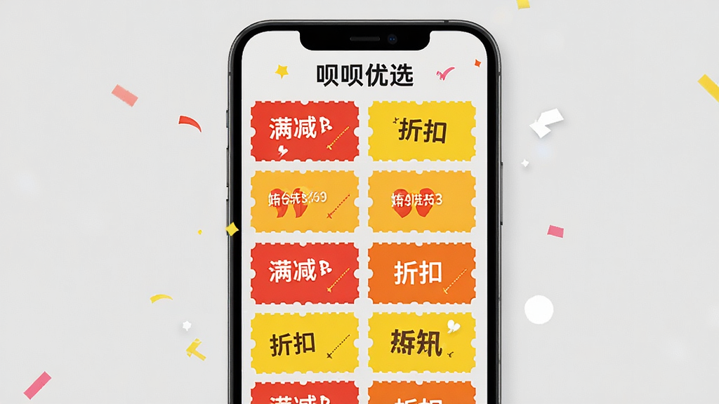 呗呗优选优惠券聚合界面,画面展示手机屏幕内多张优惠券整齐排列,优惠券上有“满减”“折扣”等字样,屏幕上方有“呗呗优选”文字,布局采用网格状排列,排版清晰,风格为活泼促销风,细节上优惠券颜色红黄相间,背景为浅灰色,画质高清,干净,无多余元素