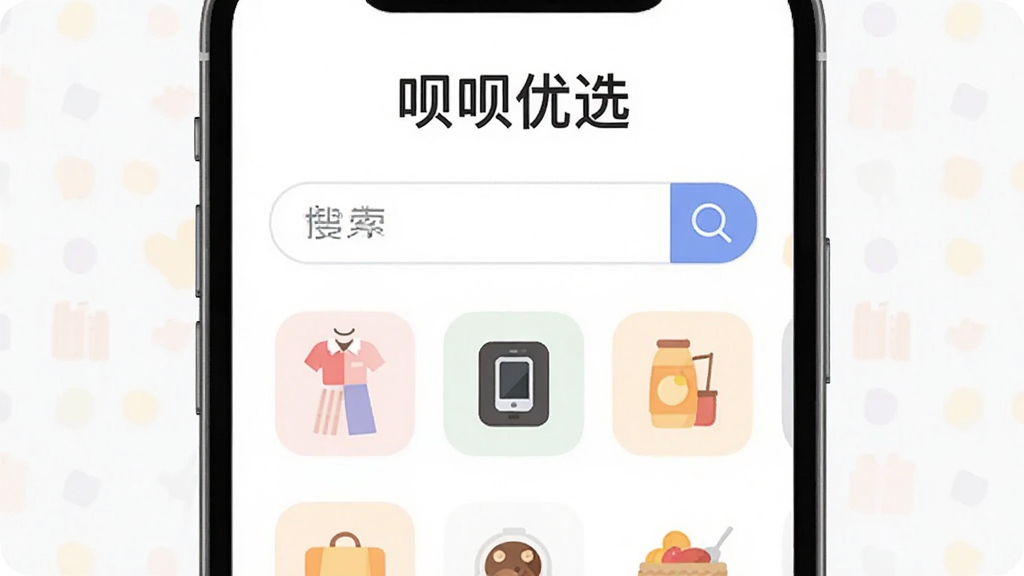呗呗优选搜索与分类页面,画面主体为手机屏幕展示搜索框和分类图标,搜索框内有放大镜图标,分类图标包括服饰、数码、食品等,屏幕上方有“呗呗优选”文字,布局采用上下结构,排版规整,风格为现代扁平化,细节上图标色彩柔和,背景为白色,画质高清,干净,无多余元素