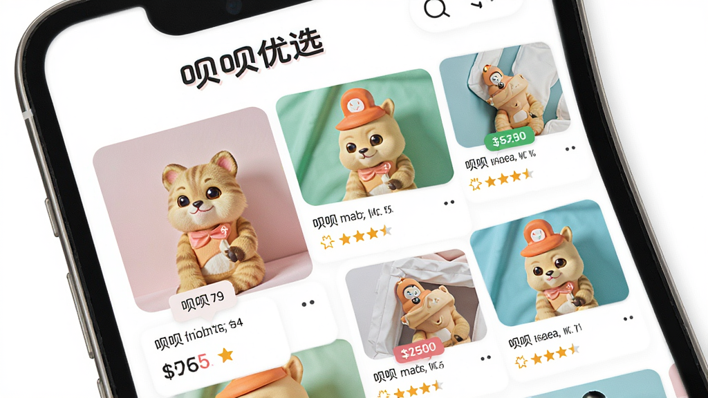 呗呗优选精选商品推荐页面,画面主体为手机屏幕展示商品瀑布流,每件商品配有清晰图片、价格标签和评分星级,屏幕上方有“呗呗优选”文字标识,布局采用纵向排列,排版整齐,风格为清新简约电商风,细节上商品图片色彩鲜艳,背景为白色,画质高清,干净,无多余元素
