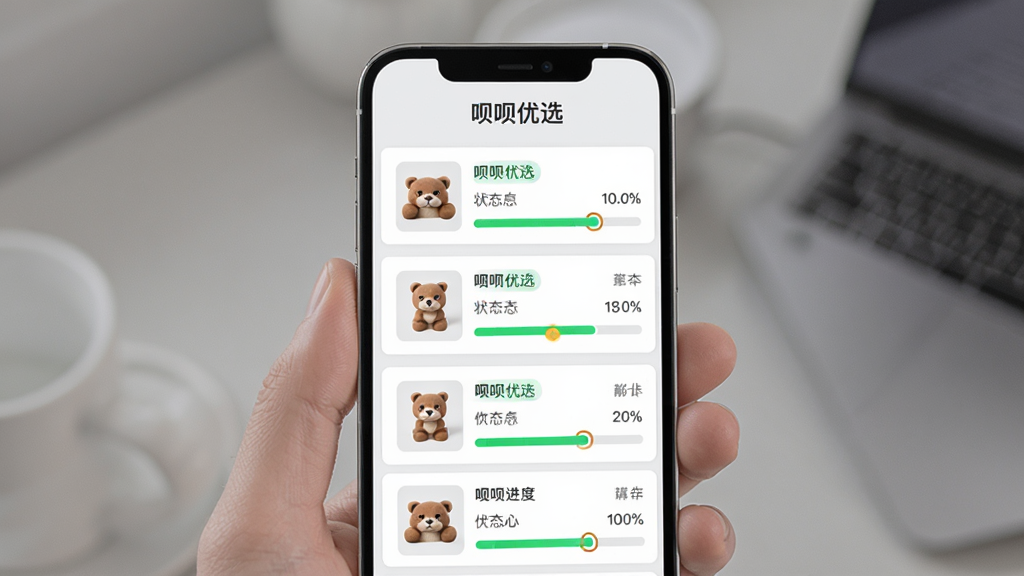 呗呗优选订单管理界面,画面展示手机屏幕内订单列表,每个订单显示商品缩略图、状态标签和物流进度条,屏幕上方有“呗呗优选”文字,布局采用纵向列表,排版清晰,风格为简洁商务风,细节上进度条为绿色,背景为浅灰色,画质高清,干净,无多余元素
