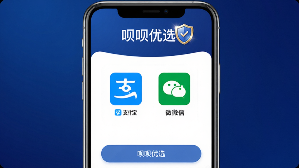 呗呗优选安全支付页面,画面主体为手机屏幕展示支付方式选择界面,包含支付宝、微信支付等图标,屏幕上方有“呗呗优选”文字和盾牌安全标识,布局采用居中排列,排版简洁,风格为安全可信风,细节上盾牌有光泽感,背景为深蓝色渐变,画质高清,干净,无多余元素
