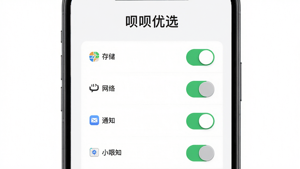 呗呗优选安装与权限设置示意图,画面展示手机屏幕显示权限管理界面,包含存储、网络、通知等开关按钮,屏幕上方有“呗呗优选”文字,布局采用纵向列表,排版清晰,风格为科技简约风,细节上开关按钮有绿色和灰色状态,背景为白色,画质高清,干净,无多余元素