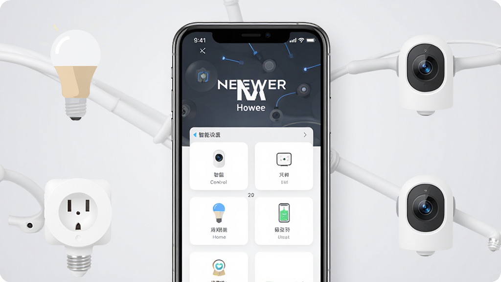 一张展示NEEWER Home应用界面的手机样机图,画面中央是一部智能手机,屏幕上显示着NEEWER Home的智能设备控制面板,周围环绕着智能灯泡、智能插座、摄像头等设备图标,整体布局简洁现代,排版采用居中构图,风格为科技感扁平化设计,细节上突出应用logo和“NEEWER Home”文字标识,画质清晰干净,无多余元素,背景为浅灰色渐变,光线柔和,适合下载站展示。