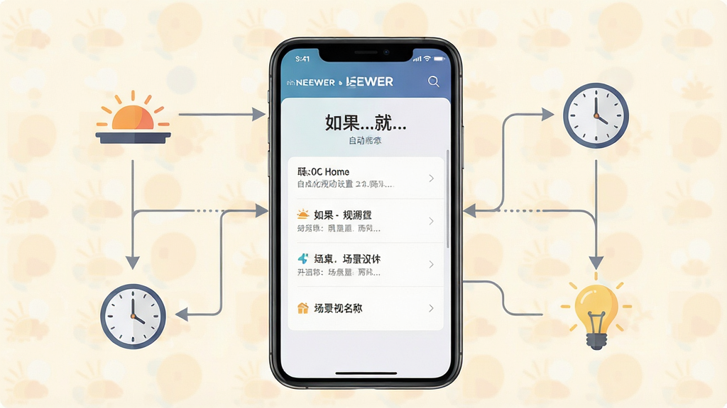 一张展示NEEWER Home场景联动设置界面的图片,画面中心为手机屏幕,屏幕上显示着“如果...就...”的自动化规则设置面板,周围有日出日落图标、时钟图标和灯泡图标以流程图形式连接,布局采用流程图式排版,风格为扁平化插画风,细节上标注“NEEWER Home”和场景名称,画质干净清晰,无杂乱元素,背景为浅色系。