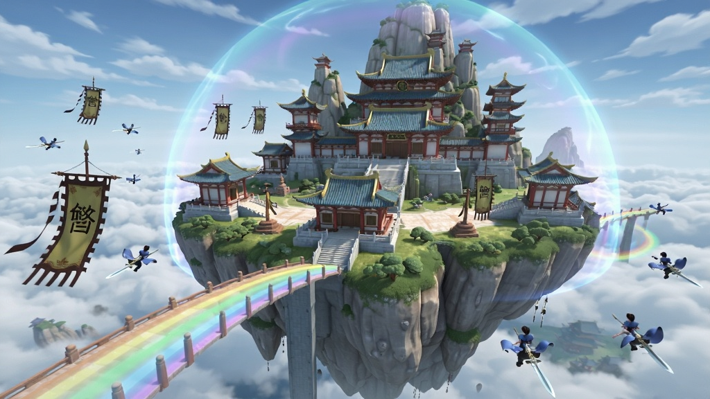 凡人修仙传:人界篇 宗门场景,主体为巨大的悬浮仙山宗门,布局为仰视视角展现宗门全貌,背景是云海与彩虹桥,风格为3D国风仙侠,细节包含飞檐翘角的宫殿、御剑飞行的玩家、宗门旗帜与灵气护罩,画质宏大,干净,无多余元素