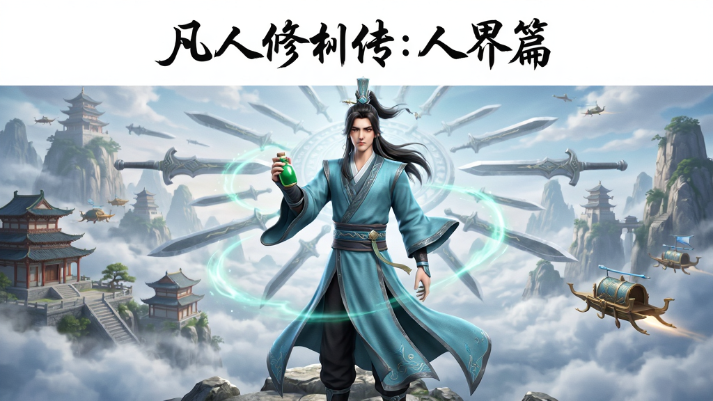 凡人修仙传:人界篇 游戏主视觉图,主体为身穿青衫的修仙者韩立手持绿色小瓶立于云海山巅,背景是连绵的仙山楼阁与巨大剑阵,布局采用中心构图突出人物,排版上方留白处书写“凡人修仙传:人界篇”字样,风格为3D国风仙侠CG,细节包含飘动的衣袂、灵气光晕、远处飞行的灵舟,画质4K超清,干净,无多余元素