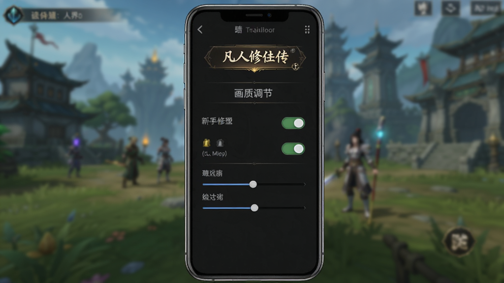 凡人修仙传:人界篇 新手引导界面,主体为手机屏幕显示游戏设置菜单与画质调节选项,布局为居中手机模型展示,背景是模糊的游戏场景,风格为数码产品展示图,细节包含清晰的菜单文字、开关按钮、滑块,画质清晰,干净,无多余元素