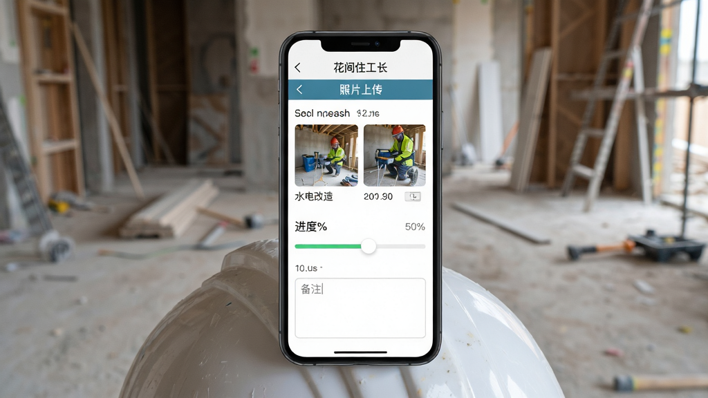 花间住工长端施工进度上报页面,手机屏幕中显示施工照片上传界面,包含水电改造照片和进度百分比滑块,屏幕下方有备注输入框,手机平放在工地安全帽上,背景为模糊的装修现场,布局上下结构,排版清晰,风格写实工业,细节包括照片缩略图和时间标签,画质高清,干净无多余元素