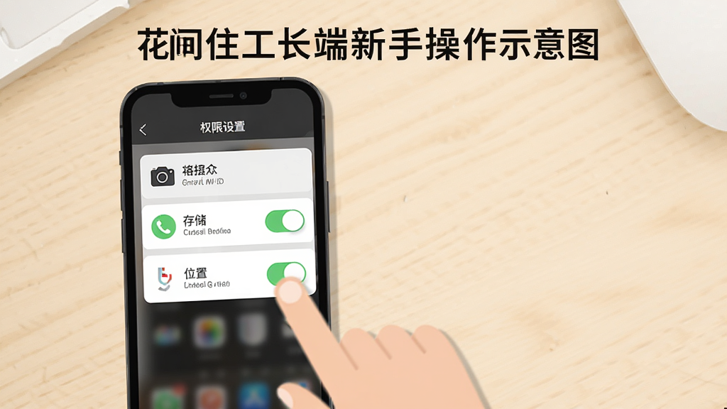 花间住工长端新手操作示意图,手机屏幕显示权限设置页面,包含相机、存储和位置权限开关,手机旁边有手指点击屏幕的示意,背景为浅色桌面,布局左右结构,排版清晰,风格扁平化教程,细节包括权限图标和文字说明,画质高清,干净无多余元素
