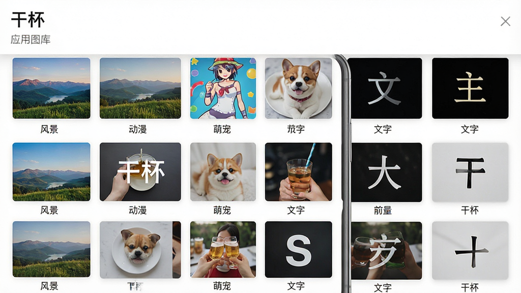 一张“干杯”应用图库分类界面的展示图,画面中手机屏幕内呈现网格状图片分类,如“风景”“动漫”“萌宠”“文字”等标签清晰可见,每个分类配有代表性缩略图,整体布局整齐,风格清爽,画质高清,干净无多余元素,图片中带有“干杯”字样