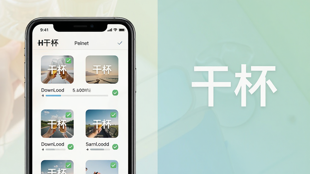 一张“干杯”应用收藏夹与下载管理界面的示意图,画面中手机屏幕展示多个已收藏的图片文件夹,带有下载进度条和完成标识,界面配色柔和,带有“干杯”文字,风格简洁实用,画质高清,干净无多余元素