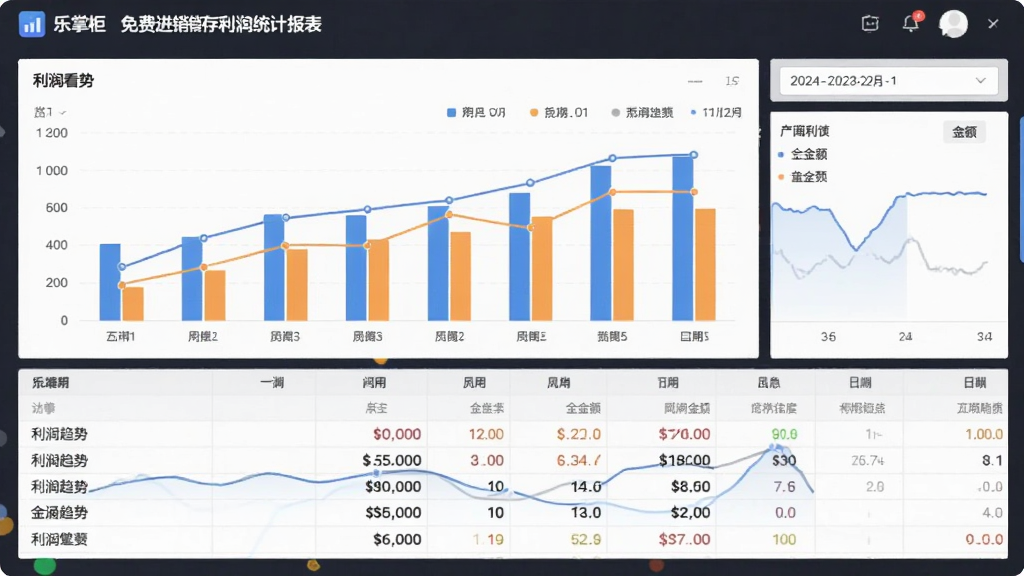 乐掌柜免费进销存利润统计报表界面图片,画面主体是柱状图与数据表格结合的财务看板,布局上下结构,排版清晰,风格为简约数据可视化风,细节包括利润趋势线、金额数字、日期筛选器,画质清晰干净,无多余元素。