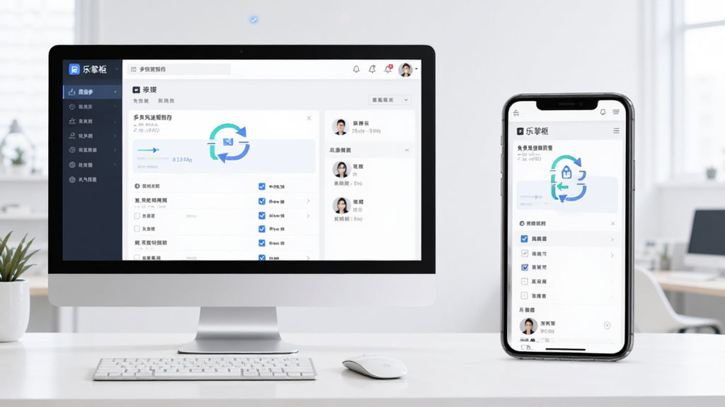 乐掌柜免费进销存多端同步与权限管理界面图片,画面主体是电脑与手机并排展示同一软件界面,布局左右对比,排版对称,风格为现代科技风,细节包括同步图标、权限勾选框、用户头像,画质清晰干净,无多余元素。