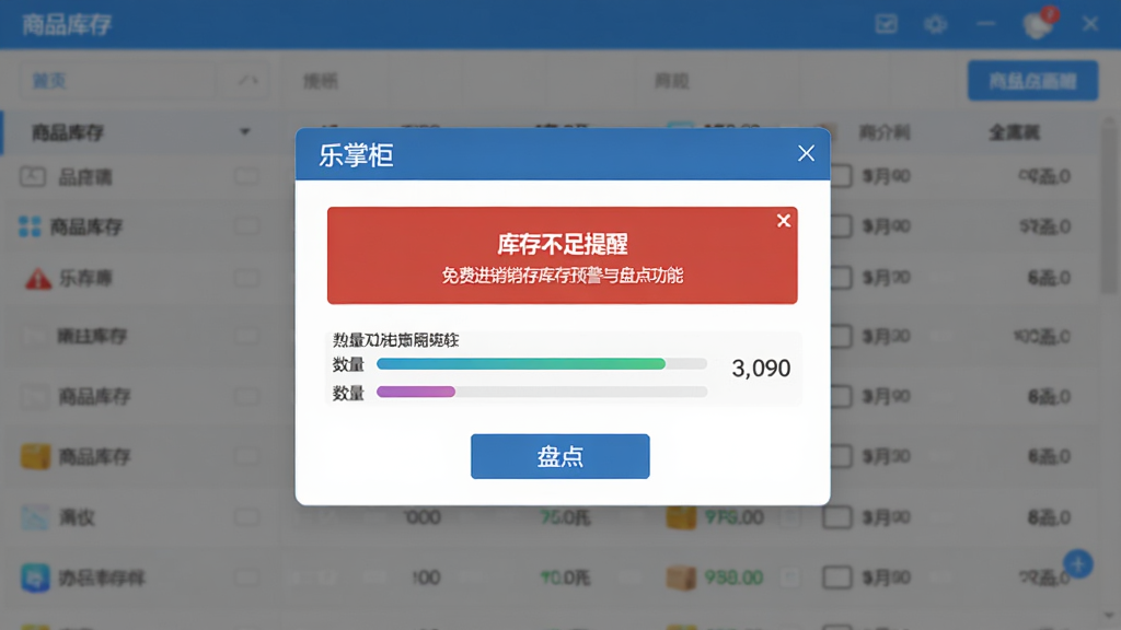 乐掌柜免费进销存库存预警与盘点功能界面图片,画面主体是软件弹窗显示库存不足提醒,背景为商品库存列表,布局居中,排版紧凑,风格为科技蓝商务风,细节包括红色预警标识、数量条、盘点按钮,画质清晰干净,无多余元素。