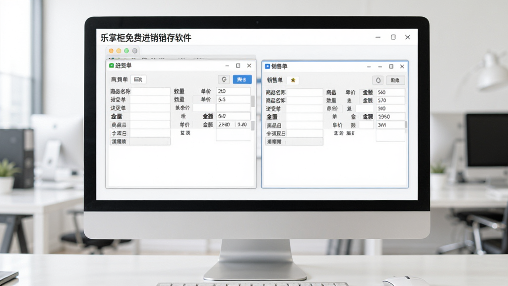 乐掌柜免费进销存软件中采购与销售单据录入界面的图片,主体是电脑屏幕显示进货单和销售单并排窗口,布局左右分栏,排版整齐,风格为清爽办公风,细节包含商品名称、数量、单价、金额等字段,画质清晰干净,无多余元素。