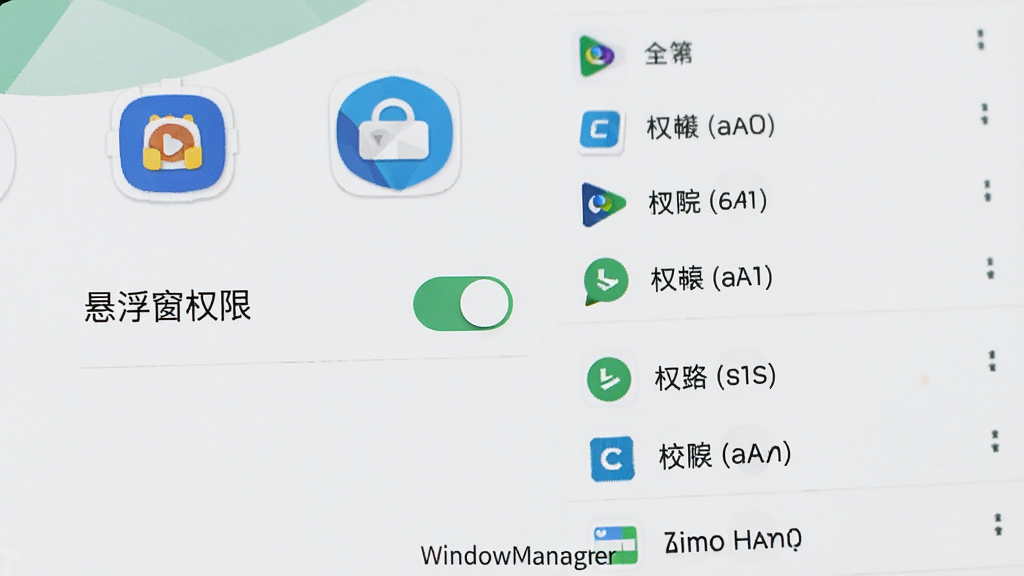 一张展示安卓手机设置界面的截图风格概念图,画面中显示“悬浮窗权限”开关处于开启状态,旁边有应用图标和权限列表,背景为浅色系统界面,画面清晰,风格简洁,底部有“WindowManager”小字标注,干净无杂乱元素,高清画质