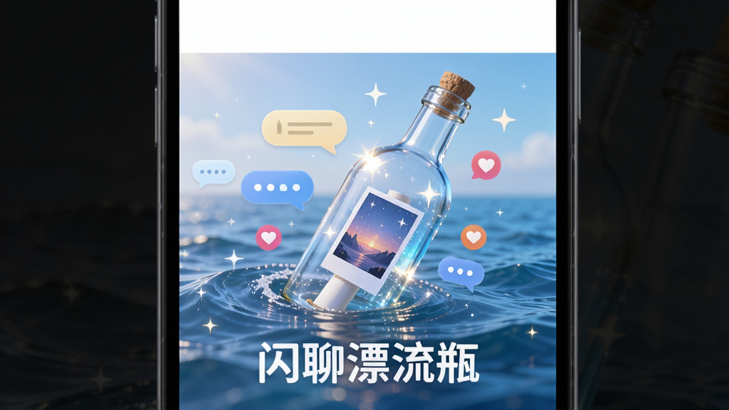 手机屏幕中央展示一个发光的漂流瓶漂浮在蓝色海面上,瓶内有一张闪烁的图片,周围环绕着聊天气泡和点赞图标,画面底部有