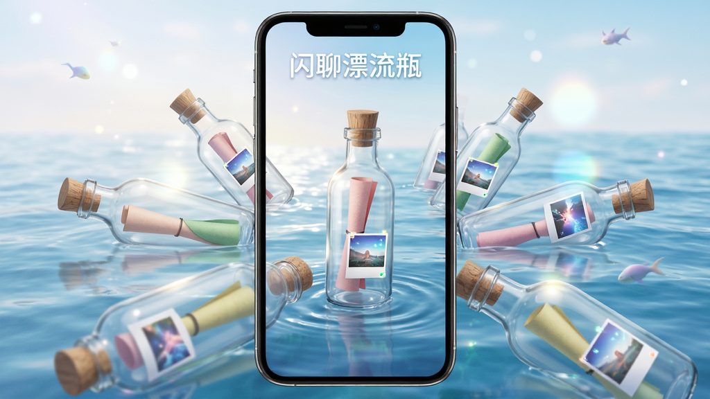 手机界面展示一个虚拟海洋场景,海面上漂浮着多个透明玻璃漂流瓶,每个瓶子内装有不同颜色的纸条和闪烁的图片缩略图,界面顶部有