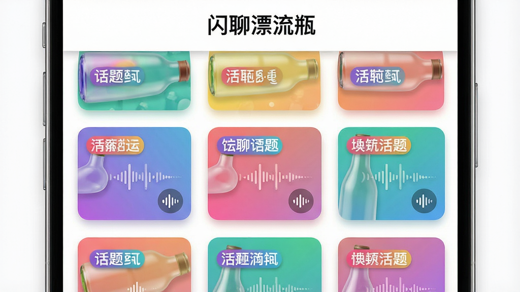 手机界面展示一个瓶子广场页面,多个彩色瓶子卡片整齐排列,每张卡片上有话题标签和语音波形图标,顶部有