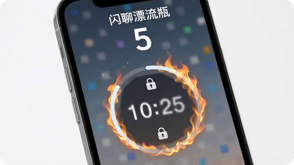 手机屏幕显示一张正在倒计时的闪图,图片内容模糊处理,上方有