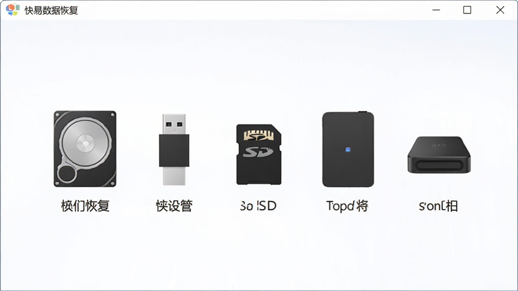 一张展示快易数据恢复支持多种设备的图片,画面中软件界面中央排列着硬盘、U盘、SD卡、移动硬盘等设备图标,每个图标下方标注设备名称,整体排版整齐,风格清爽,画质干净,无多余元素