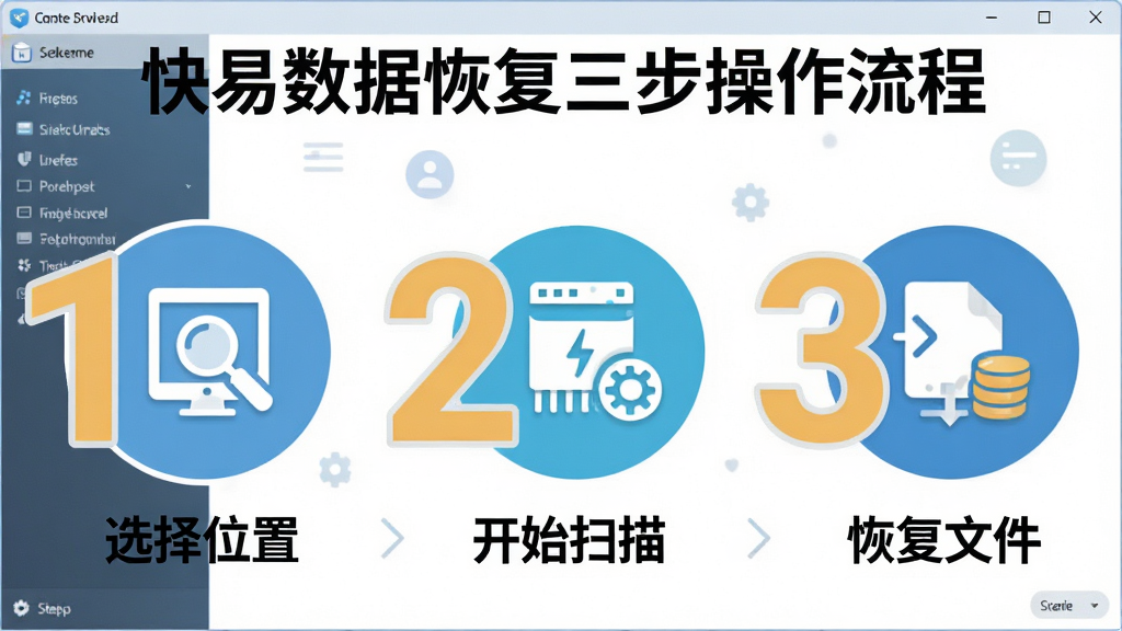 一张展示快易数据恢复三步操作流程的图片,画面中软件界面用三个大号数字标注步骤,分别是选择位置、开始扫描、恢复文件,每个步骤配有对应图标,整体排版直观,风格友好,画质干净,无多余元素
