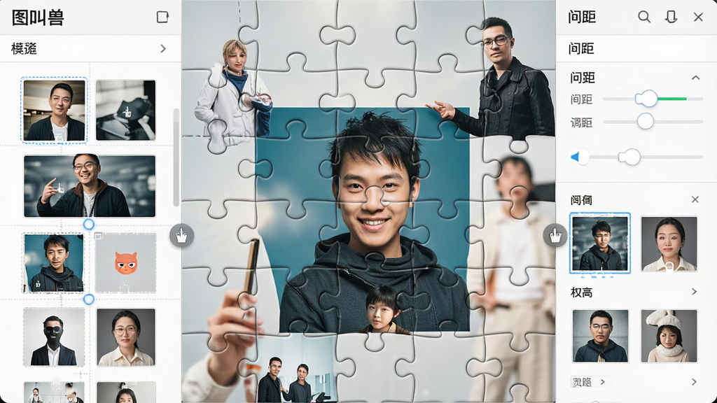一张“图叫兽”拼图功能界面展示图,画面主体为多张图片拼接成一张海报的效果,布局为左侧拼图模板选择区、中间拼图画布、右侧边框与间距调节面板,风格为简约商务风,细节包含网格线、拖拽手柄、模板缩略图,画质清晰,干净,无多余元素