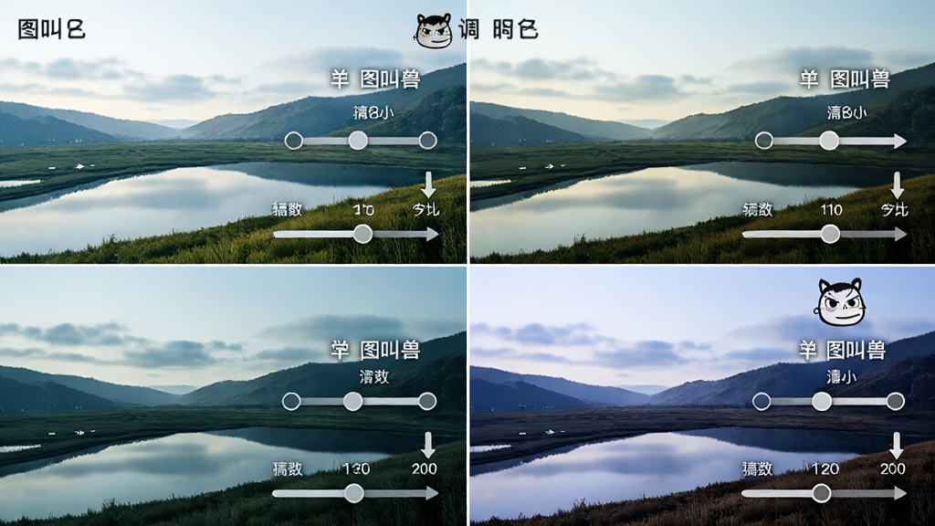 一张“图叫兽”滤镜调色功能展示图,画面主体为同一张风景照片的四种不同滤镜效果对比,布局为两行两列网格排版,风格为清新自然风,细节包含滤镜名称标签、参数调节滑块、前后对比箭头,画质清晰,干净,无多余元素