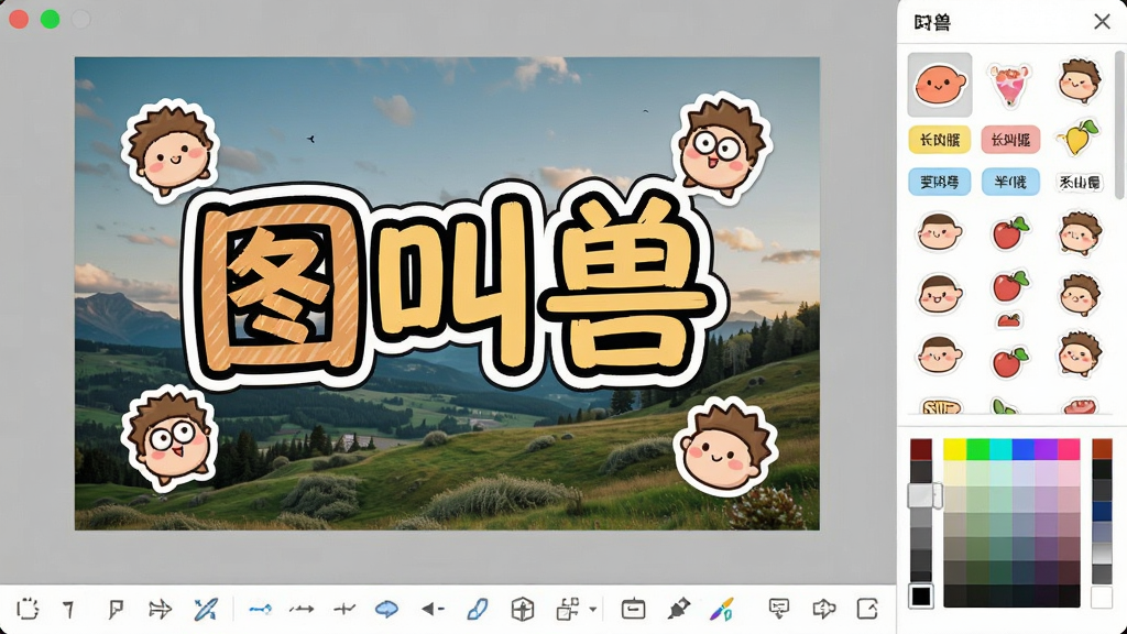 一张“图叫兽”文字编辑界面截图风格图片,画面主体为一张风景照片上叠加艺术文字和卡通贴纸,布局为居中的图片画布、底部文字属性工具栏、右侧贴纸选择面板,风格为活泼创意风,细节包含文字描边效果、贴纸分类标签、颜色选择器,画质清晰,干净,无多余元素