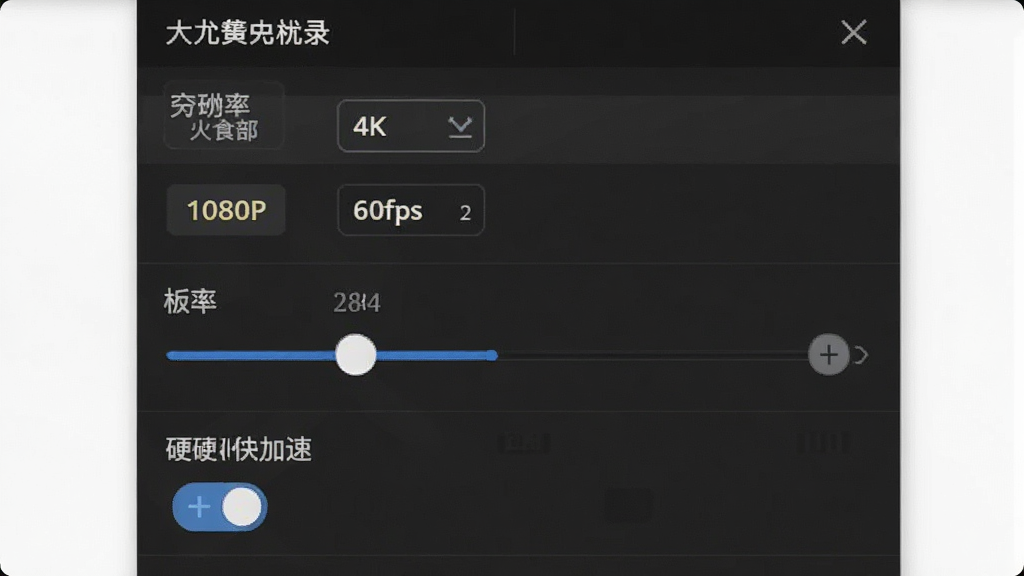 一张展示大黄蜂录屏软件画质设置面板的图片,画面中显示分辨率选项、帧率滑块和硬件加速开关,布局为纵向排列的设置项,风格为深色主题UI,细节包括4K、1080P等分辨率标签和60fps数值,画质清晰,干净,无多余元素