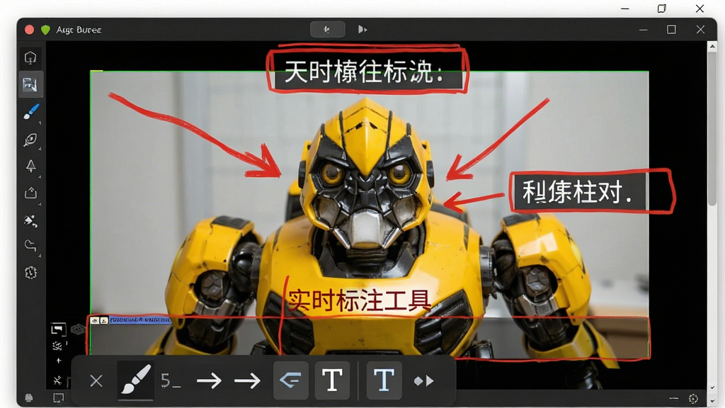 一张展示大黄蜂录屏软件实时标注工具的图片,画面中屏幕上有红色箭头和文字标注框,布局为录屏画面叠加标注层,风格为教程演示风格,细节包括工具栏中的画笔、箭头、文字图标,画质清晰,干净,无多余元素