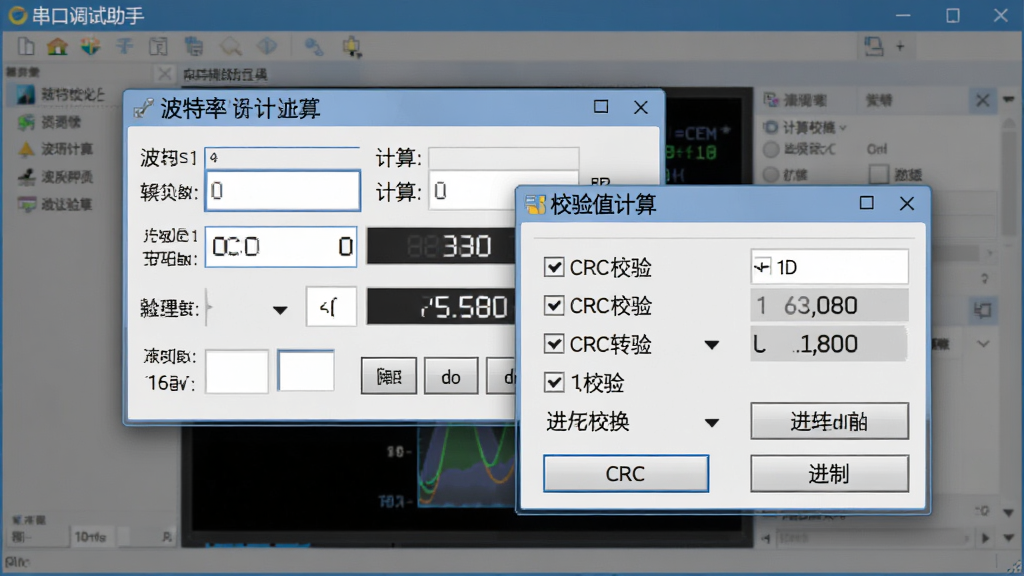 一幅展示串口调试助手内置辅助工具的图片,主体为软件界面中弹出的波特率计算器窗口和校验值计算面板,布局为两个工具窗口悬浮在主界面之上,排版错落有致,风格为实用工具风,细节包括频率输入框、计算结果数字、CRC校验选项和进制转换按钮,画质清晰,画面干净,无多余元素