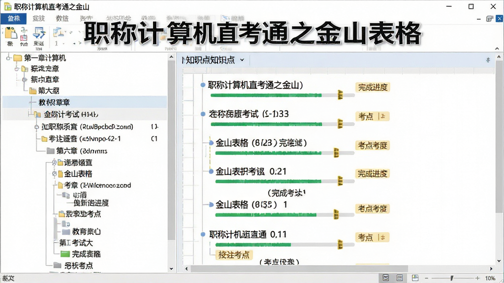 一张展示职称计算机直考通之金山表格考试大纲知识树状图的图片,主体为软件界面中的章节列表,布局为左侧树形导航与右侧知识点详情,排版上软件名称“职称计算机直考通之金山表格”显示在顶部标题区域,风格为教育软件界面风格,细节包括章节名称、完成进度条与考点标签,画质清晰、干净、无多余元素