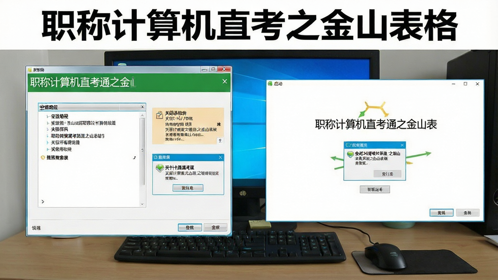 一张展示职称计算机直考通之金山表格安装与启动注意事项的图片,主体为电脑桌面上的软件安装向导与运行界面,布局为左侧安装路径选择与右侧启动画面,排版上软件名称“职称计算机直考通之金山表格”出现在安装窗口标题位置,风格为软件安装教程风格,细节包括关闭杀毒软件提示、运行库安装弹窗与管理员运行选项,画质清晰、干净、无多余元素