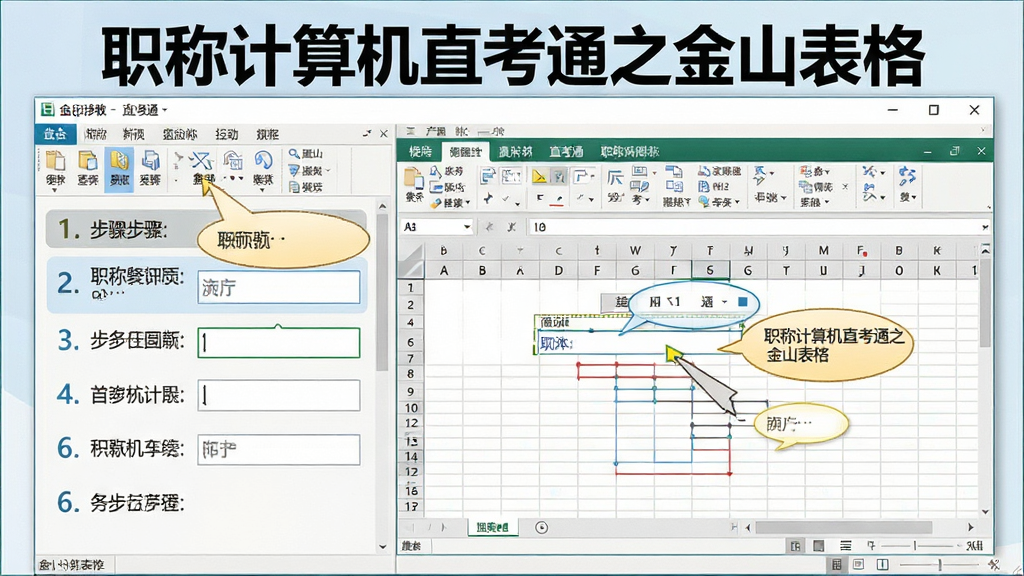 一张展示职称计算机直考通之金山表格操作步骤演示界面的图片,主体为软件中的分步教学窗口,布局为左侧步骤列表与右侧金山表格操作截图,排版上软件名称“职称计算机直考通之金山表格”显示在窗口顶部,风格为图文教程风格,细节包括高亮标注的菜单项、输入框与提示气泡,画质清晰、干净、无多余元素