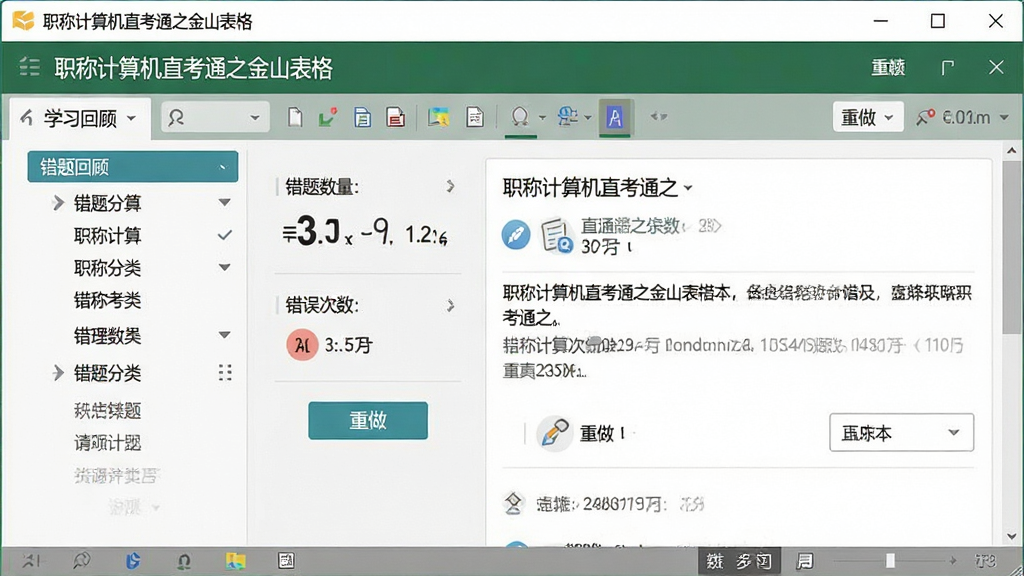 一张展示职称计算机直考通之金山表格错题本界面的图片,主体为软件中的错题回顾窗口,布局为左侧错题分类导航与右侧题目详情,排版上软件名称“职称计算机直考通之金山表格”出现在顶部标题栏,风格为学习管理软件风格,细节包括错题数量统计、错误次数标记与重做按钮,画质清晰、干净、无多余元素