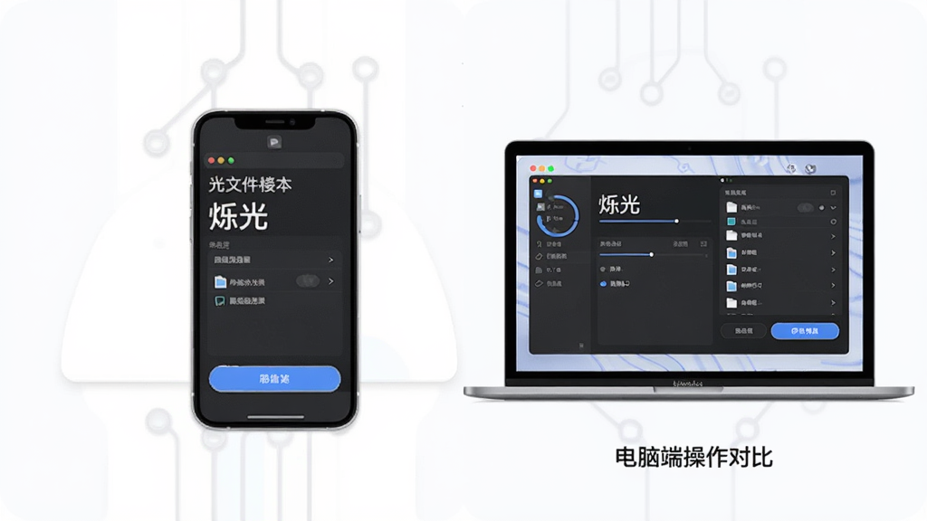 展示烁光文件压缩移动端与电脑端操作对比场景,主体为手机和笔记本电脑并排显示软件界面,布局左右对照,排版清晰,风格为扁平化科技风,细节包含压缩进度、文件列表、操作按钮,画质清晰,干净,无多余元素