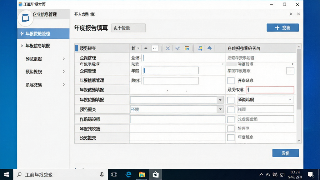 一张干净的软件界面截图风格图片,主体为工商年报大师软件在Windows电脑桌面上的主界面,布局为左侧功能导航栏包含企业信息管理、年报数据填报、预览提交等模块,右侧为年度报告填写表格区域,排版清晰整齐,风格为现代简约商务风,细节包含表格线、按钮、数据输入框,画质高清,画面干净,无多余元素,图片中显示文字“工商年报大师”