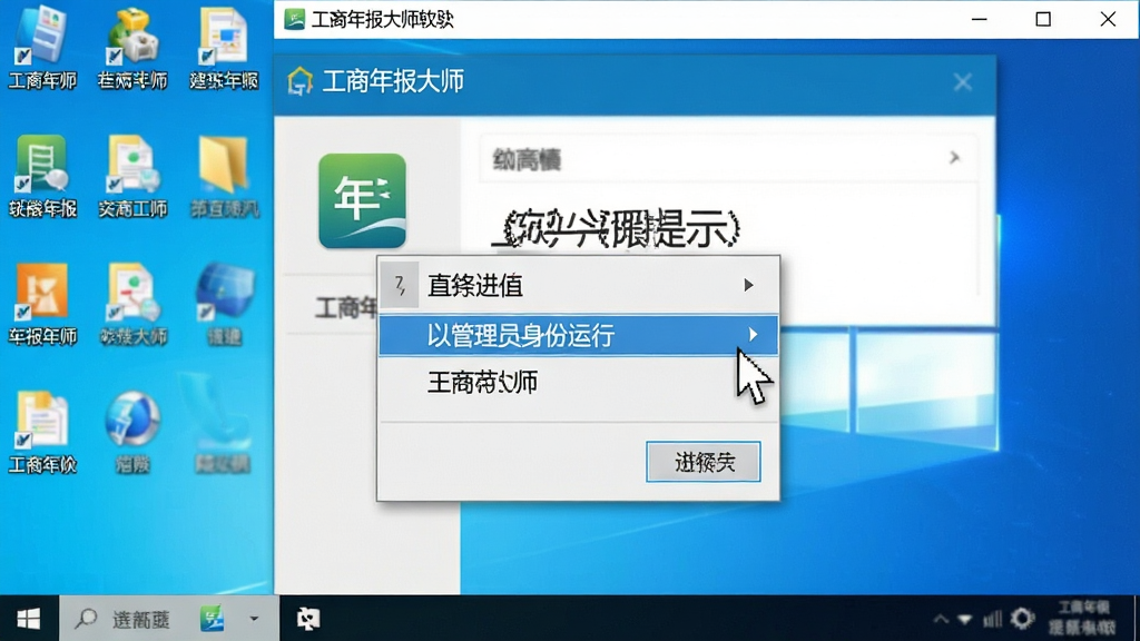 一张软件操作提示图,主体为工商年报大师软件在Windows电脑上的运行界面,布局为中央显示“以管理员身份运行”的右键菜单选项,背景为电脑桌面图标,排版简洁直观,风格为电脑操作教程截图风格,细节包含鼠标指针、菜单选项、软件图标,画质高清,画面干净,无多余元素,图片中显示文字“工商年报大师”