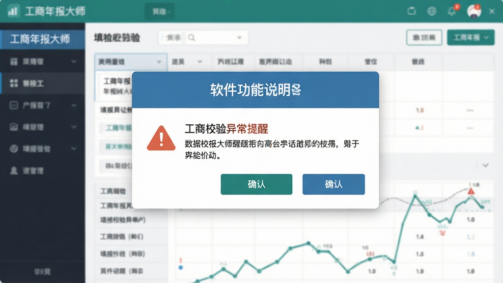 一张软件功能说明图,主体为工商年报大师软件的填报校验提醒界面,布局为中央弹出提示框显示数据校验异常提醒,背景为年报填写表格,排版居中突出,风格为扁平化实用工具风格,细节包含警告图标、提示文字、确认按钮,画质高清,画面干净,无多余元素,图片中显示文字“工商年报大师”